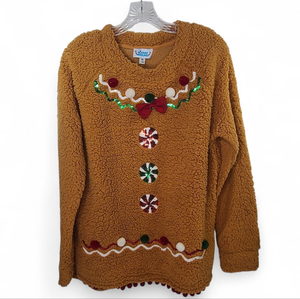 ROCKIN AROUND Gingerbread Biscuit Faux Sherpa Fur Christmas Sweater Sz XL NWT